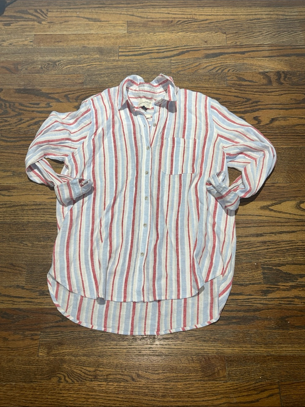 Relaxed Button-Down Stripe Shirt - White with Red & Blue Stripes